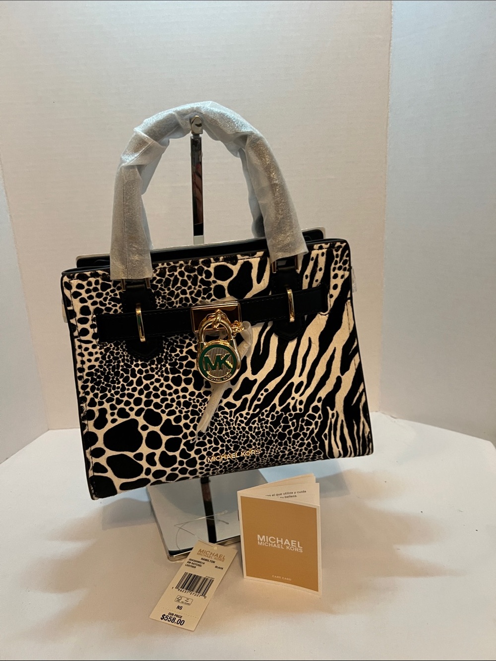 Michael Kors Black & White Animal-Print Satchel with Gold Hardware
